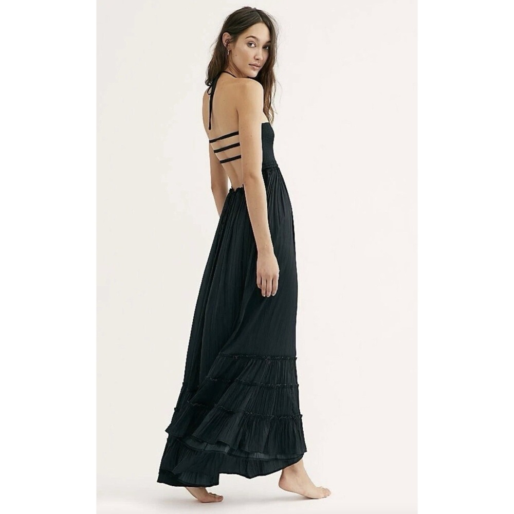 Free People LG Flowy Maxi Halter Dress Black Endless Summer Strappy Photoshoot